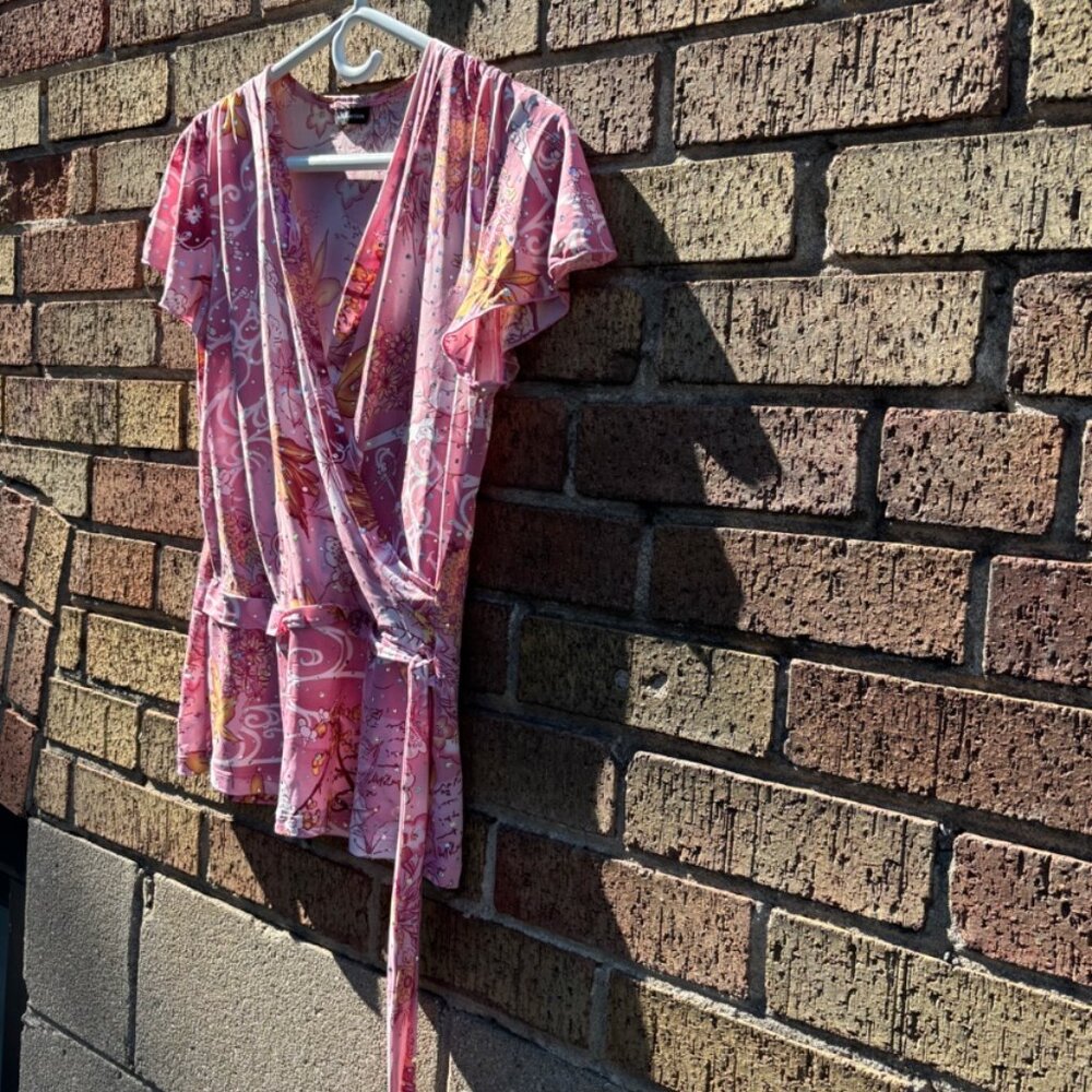 Y2K Design Pink Wrap Top with Rhinestone Detail S/M